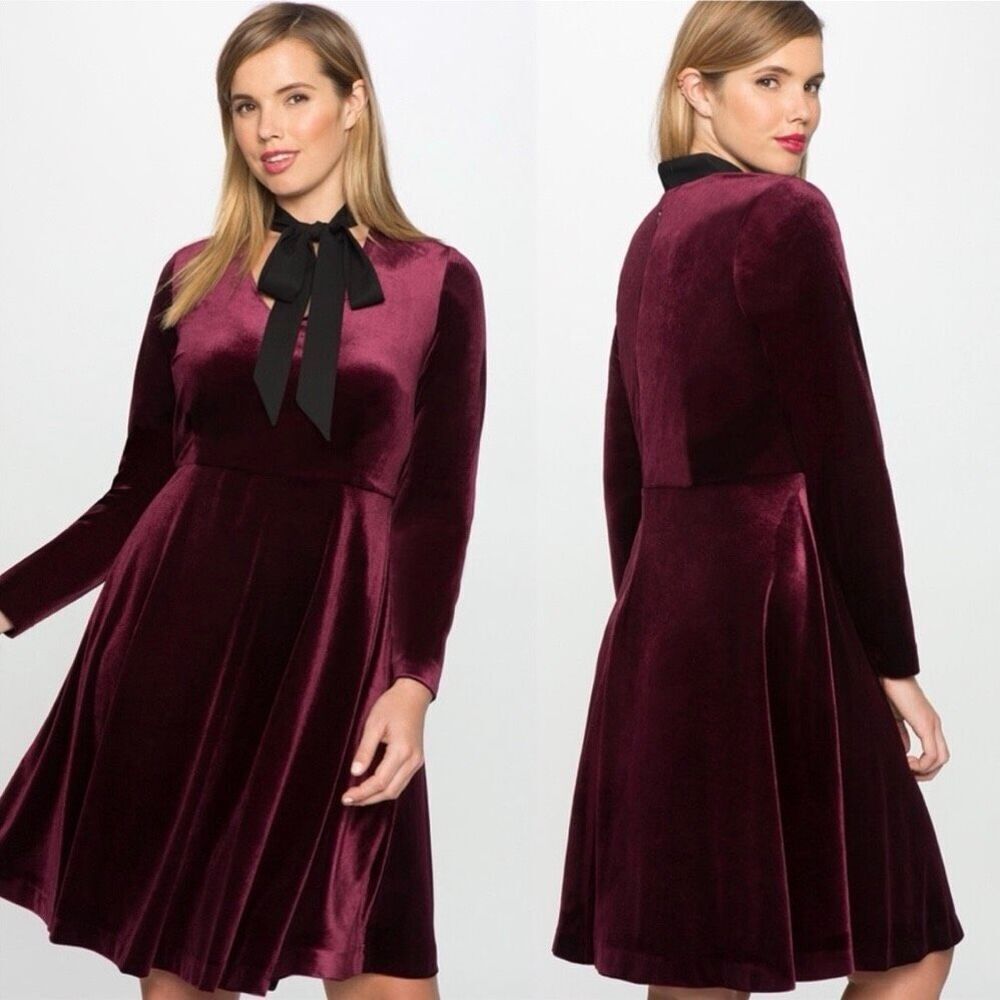 Eloquii‎ Studio Velvet Fit & Flare Dress Long Sleeve Knee Length Maroon Women 24 - Picture 9 of 9